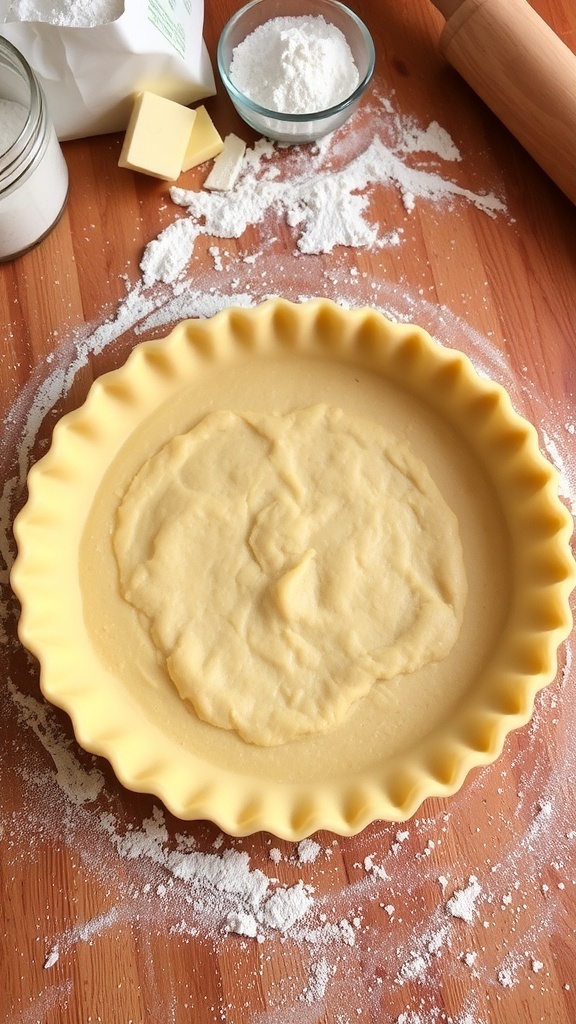 Flaky Kitchen Pie Crust Recipe Golden-brown flaky pie crust on a wooden countertop with baking ingredients in the background.